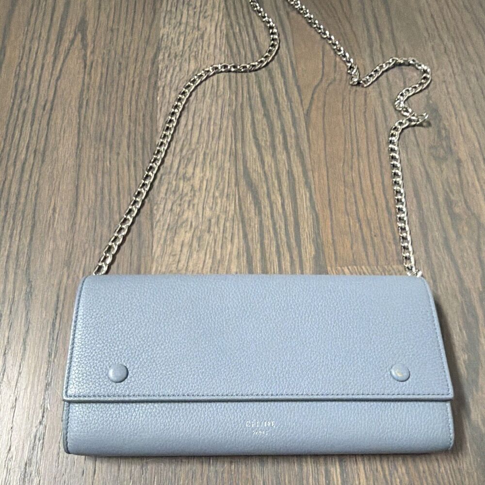 CELINE Grained Calfskin Flap Chain Wallet Ice Blue Crossbody Bag Silver Hardware